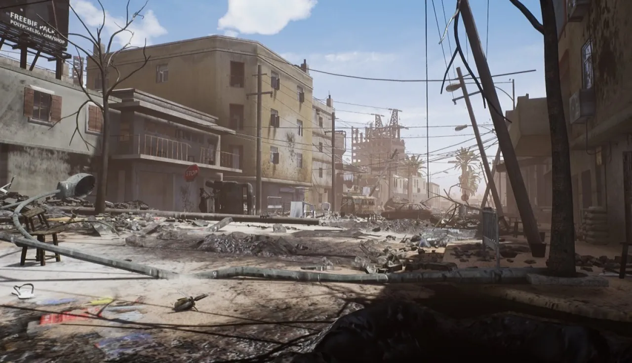 A virtual reality showing a street view of devastated ruins.