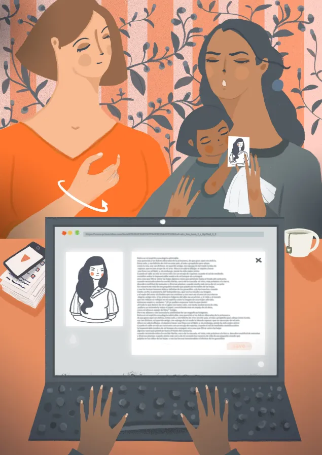 Ilustración de dos mujeres que gestionan la búsqueda de famliares desaparecidos, mostrando sus fotos a personal del CICR que escribe en una computadora portátil.
