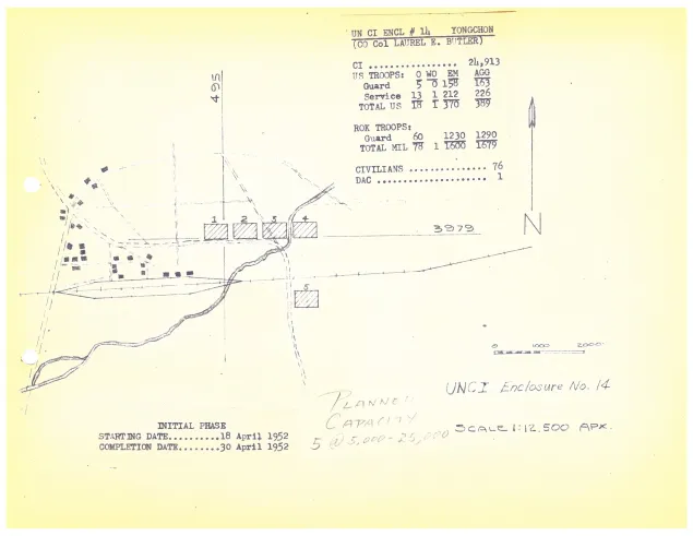 A map of a POW camp in Yongchon, 1952, indicating the number of civilian internees, total military troops (both ROK and UN), and civilians