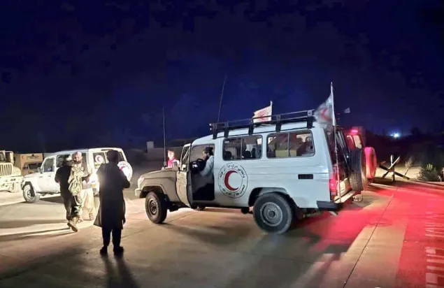 Afghanistan earthquake August 2025 Credit Mohammad Masoud Samimi A Red Crescent vehicle is parked on a road at night with its doors open, as humanitarian workers coordinate alongside another vehicle in the background.
