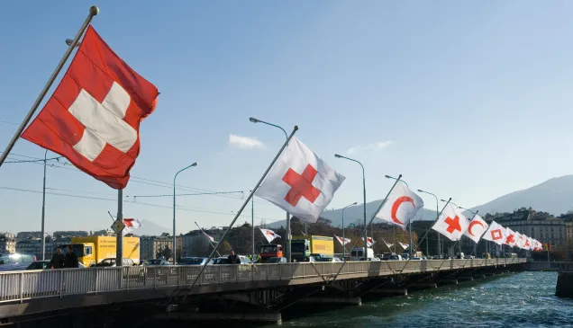 Flags fly at the Mont-Blanc bridge in Geneva, marking the 30th International Conference of the Red Cross and Red Crescent. Jorge PEREZ/IFRC Flags fly at the Mont-Blanc bridge in Geneva, marking the 30th International Conference of the Red Cross and Red Crescent.