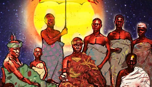 Ilustración de varias personas con trajes africanos bajo un paragüas en una noche estrellada.