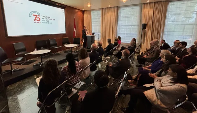  ICRC's director general, Pierre Krähenbühl,  delivers the keynote speech in front of an audience at the UK Swiss Embassy