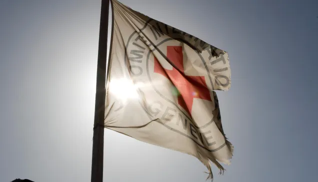 Emblem ICRC flag with sun behind