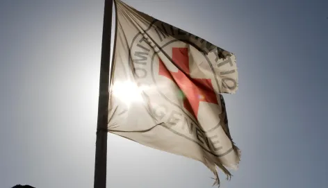 ICRC flag with sun behind