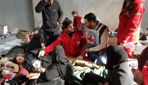 The ICRC and the Syrian Arab Red Crescent assess the needs of people who gathered in collective shelters after fleeing fighting in the region of Aleppo, Syria (2016). The ICRC and the Syrian Arab Red Crescent assess the needs of people who gathered in collective shelters after fleeing fighting in the region of Aleppo, Syria (2016).