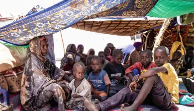 Gamra Adam Souleymane, a Sudanese mother of 10 who fled Zamzam camp in Darfur, is sitting under improvised cover in the town of Tiné in Eastern Chad.  Gamra Adam Souleymane, a Sudanese mother of 10 who fled Zamzam camp in Darfur, is sitting under improvised cover in the town of Tiné in Eastern Chad.