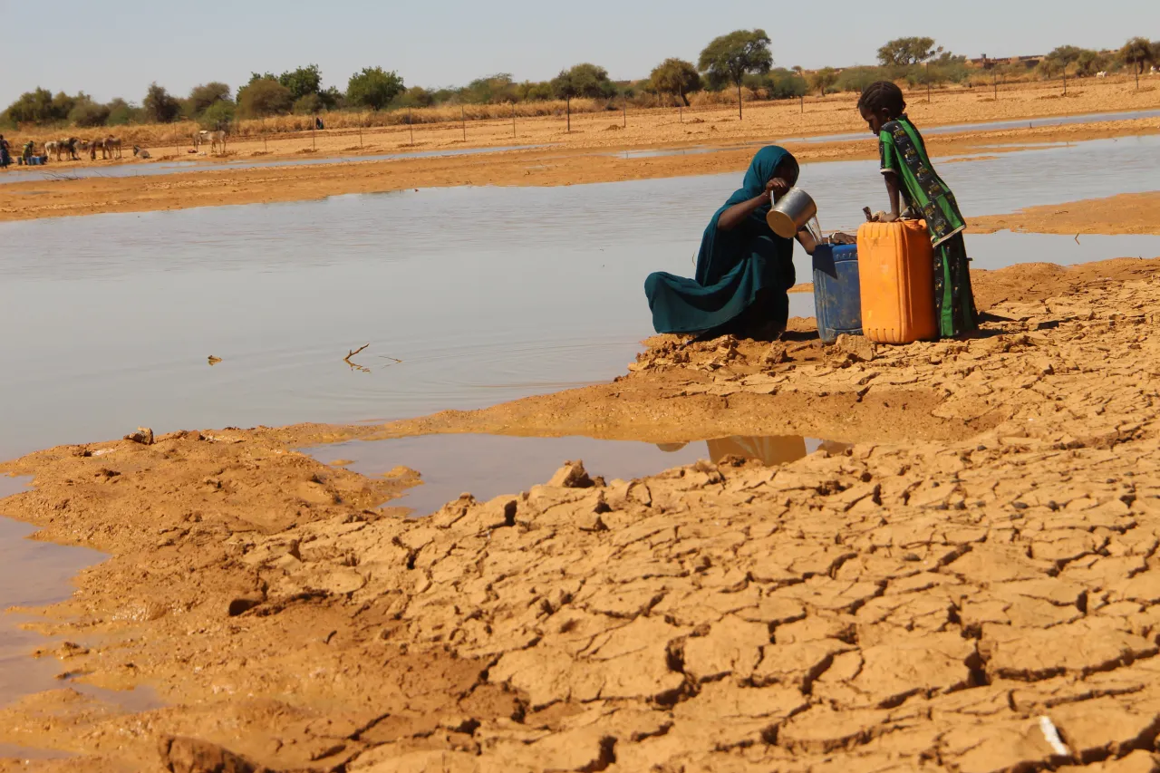 Deux petites filles essaient de trouver un peu d'eau dans la mare presque tarie.