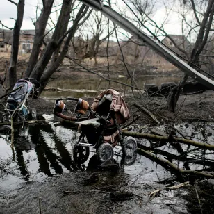 Strollers sit abandoned along a route people used to flee Irpin, Ukraine.