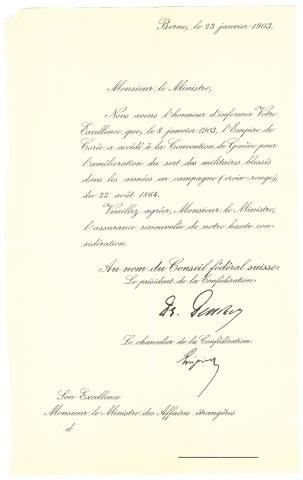 Notification by the Swiss authorities of the accession of the Korean Empire to the Geneva Convention of 1864 (1903)