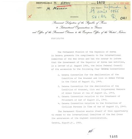 Letter from the Korean Permanent Mission in Geneva on 16 August 1966 informing the ICRC of the ROK's accession to the Geneva Conventions of 1949