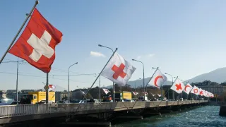Flags fly at the Mont-Blanc bridge in Geneva, marking the 30th International Conference of the Red Cross and Red Crescent.