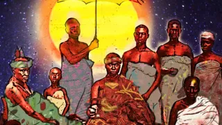 Ilustración de varias personas con trajes africanos bajo un paragüas en una noche estrellada.