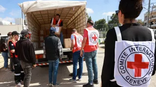 ICRC staff in Lebanon unloading aids from a truck.