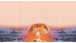 Hiroshima nuclear weapon 89th anniversary Stylized image of a mushroom cloud rising over a devastated cityscape, blending orange and pink tones with a grainy texture. The foreground depicts the fiery explosion of a nuclear bomb, while the background shows a monochrome, war-torn landscape with scattered figures and rubble.