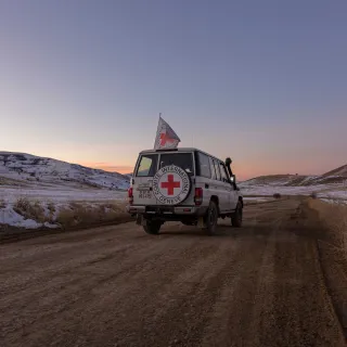 An ICRC vehicle at the border between Armenia and Azerbaijan.