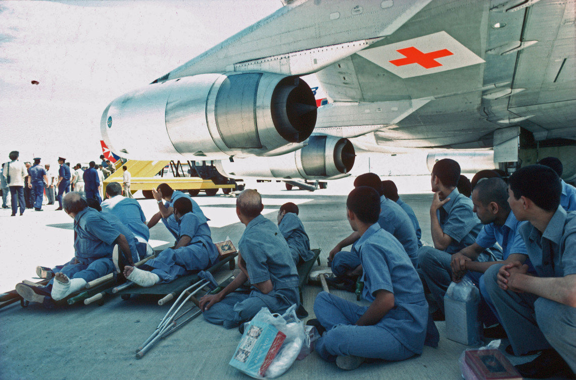 6 June 1981, Larnaca airport, Cyprus. ICRC repatriated 25 seriously wounded Iranian prisoners of war to their home country. The ICRC was active repatriating prisoners of war during the Iran-Iraq conflict.