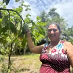 Mujer muestra su plantación de cacao.