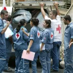 Loading of the Lebanese Red Cross minivan for the distribution of ICRC hygiene kits and blankets,