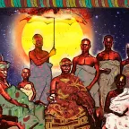 Ilustración de varias personas con trajes africanos bajo un paragüas en una noche estrellada.