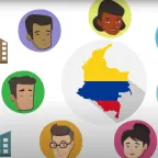 Ilustraciones de diferentes personas alrededor de una bandera de Colombia