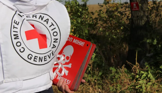 « Danger Mines » signs Near Berezovoye check point. An ICRC delegate is installing « Danger Mines » signs