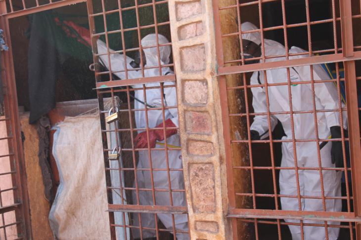 Kati prison, Mali. The cells are sprayed with disinfectant to eliminate the scabies mite.