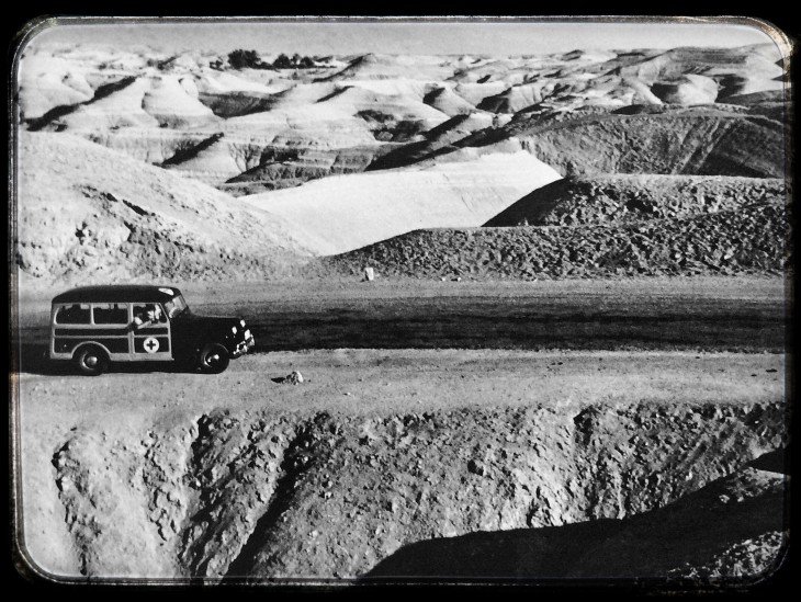 Palestine, 1950. An ICRC vehicle on the road between Jerusalem and Jericho. One of the photos in the exhibition "War from the victims' perspective."
