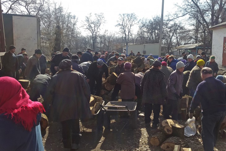 Novotoshkivka, Lugansk region, Ukraine. The people of Novotoshkivka wait for firewood.