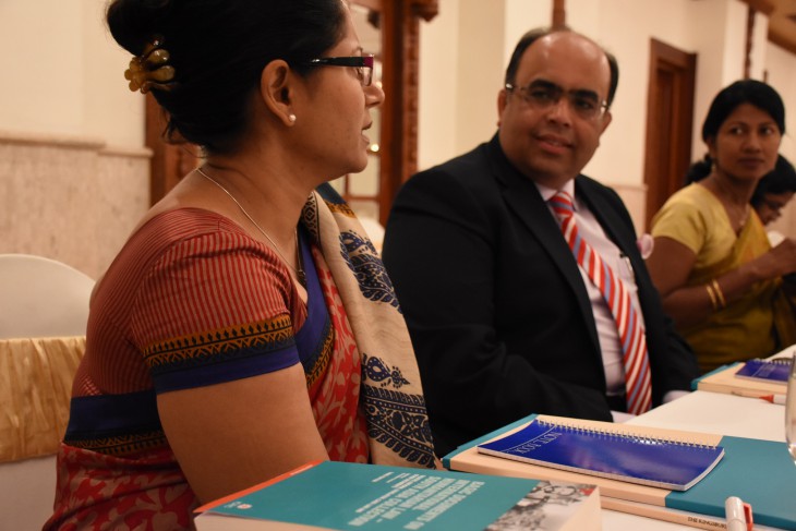 A participant from Sri Lanka and India engage in discussion at the 2nd Regional Legislative Drafting Workshop on International Humanitarian Law in Colombo, Sri Lanka.
