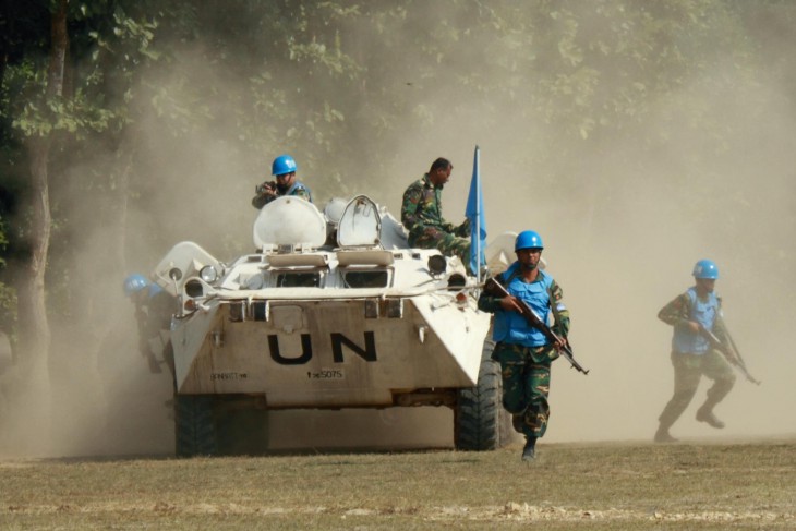 Bangladesh Institute of Peace Support Operation Training (BIPSOT), simulation exercise. Bangladeshi UN peacekeepers are taking position around an internally displaced persons camp. 16th Annual Conference of the International Association of Peacekeeping Training Centres (IAPTC)